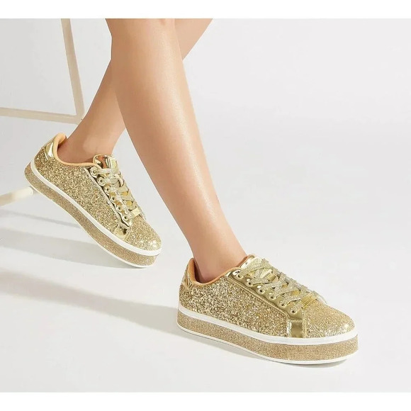 Women's Gold Platform Glitter  Sneakers | Sparkly Bling Shiny Dressy - Picture 7 of 9